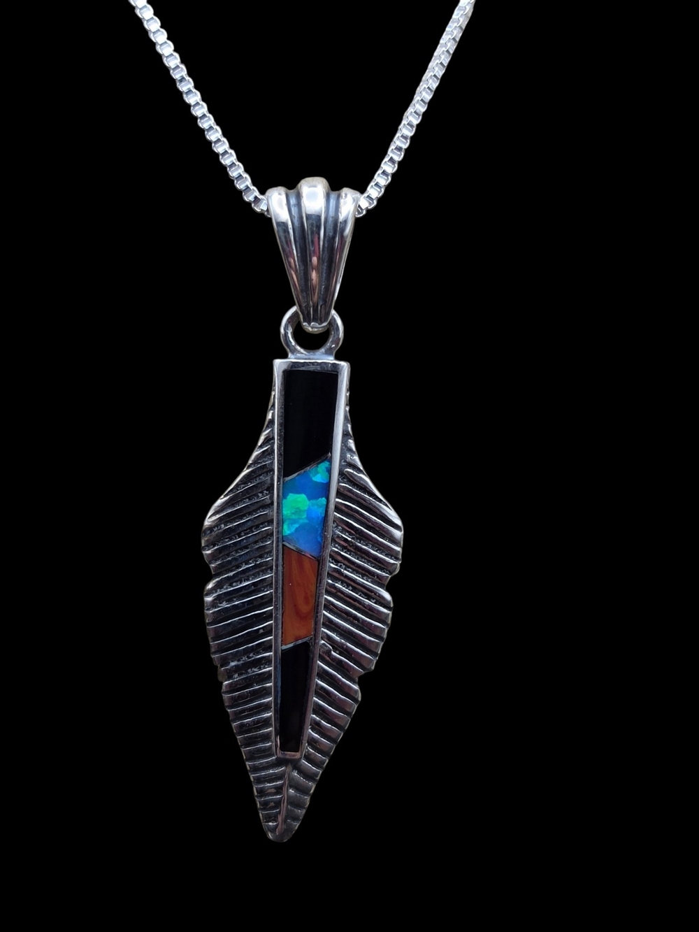 Sterling Silver Feather Pendant Necklace with Black, Blue & Brown Inlay AK